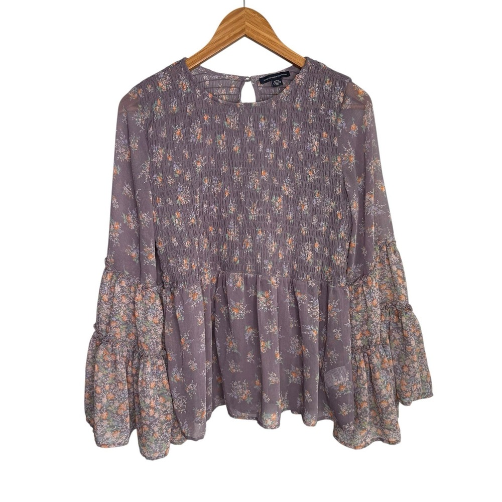 American Eagle Womens Top Medium Purple Floral Bell Sleeve Boho Fairy Prairie